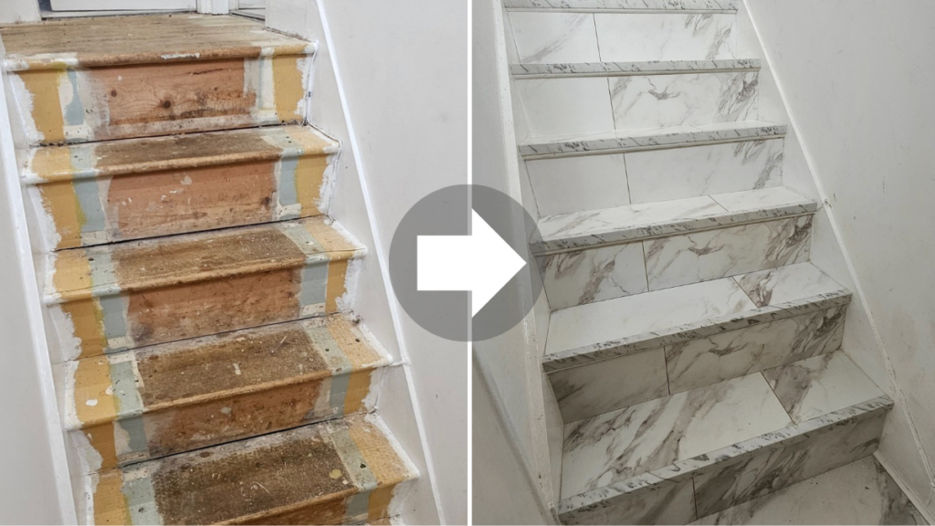Staircase renovation before and after with marble-effect laminate installation