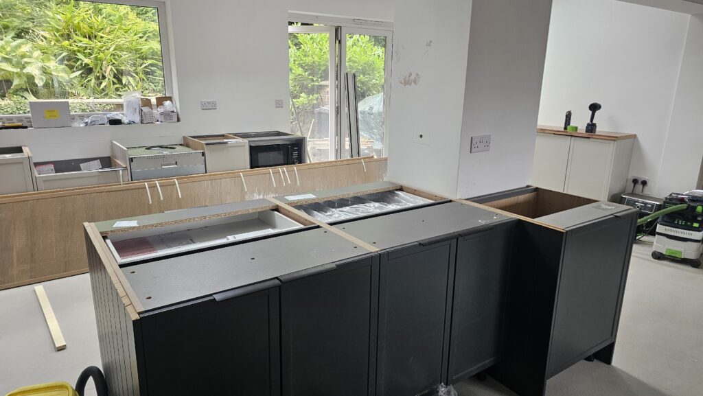 Kitchen island cabinets assembled and levelled before installing the new laminate worktop