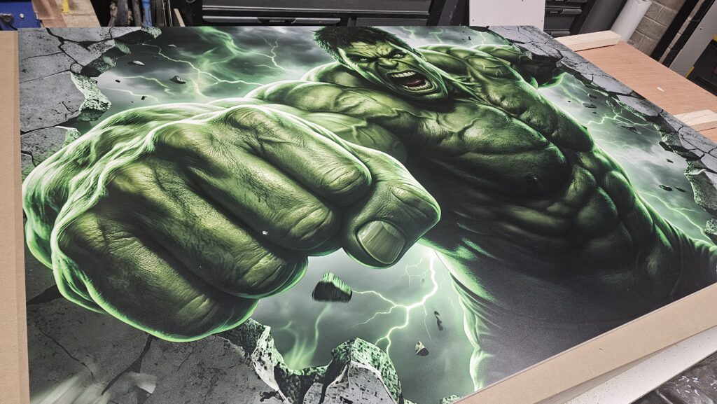 Custom Hulk lightbox artwork being assembled in the workshop for a bespoke themed bedroom